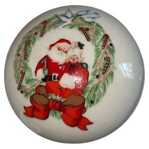 Christmas Vtg Santa Ceramic Sweet Sugar Trinket Box W Lid Round Nostalgic in Box